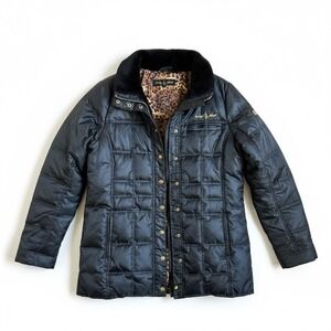 Vintage y2k Baby Phat Black Down Puffer Jacket Leopard Lining Gold Cat Logo L